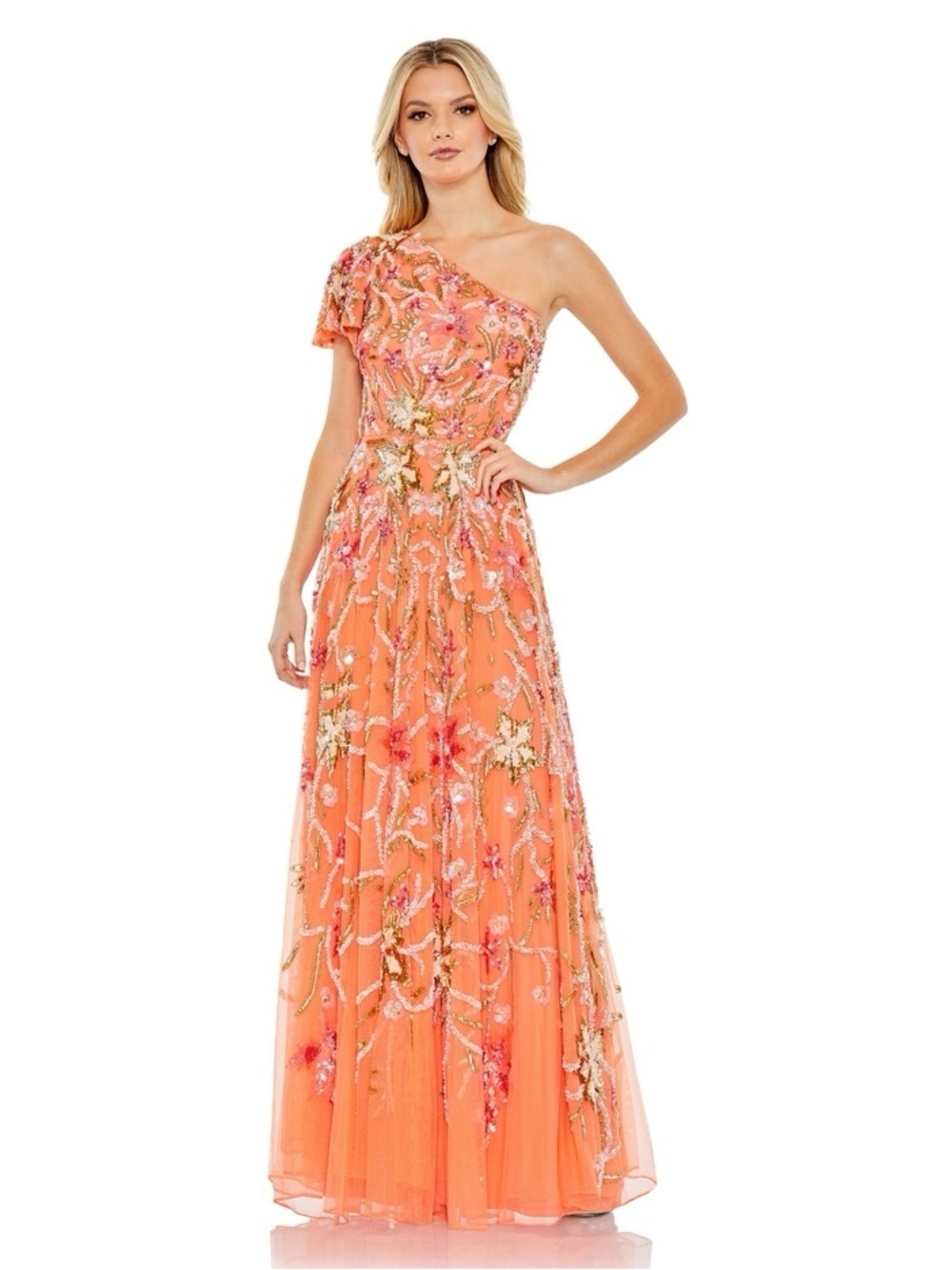Mac Duggal 5617 Orange One Shoulder Floral Embellished Gown Size 4 NWT